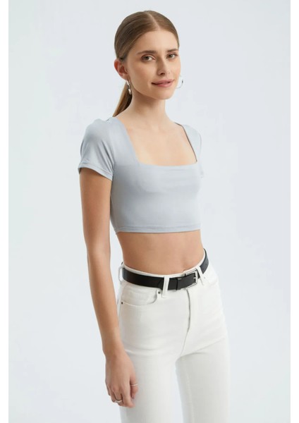 Kadın Kare Yaka Temel Crop Top Grey modelleri