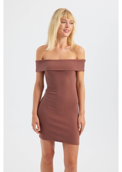 Kadın Omuzları Açık Mini Vücut Şekillendirici Elbise Mocha Kahvesi modelleri