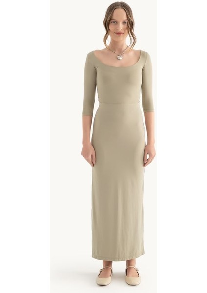 Kadın Yan Yırtmaçlı Yüksek Bel Maxi Etek Green