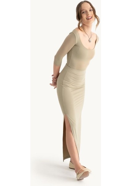 Kadın Yan Yırtmaçlı Yüksek Bel Maxi Etek Green modelleri