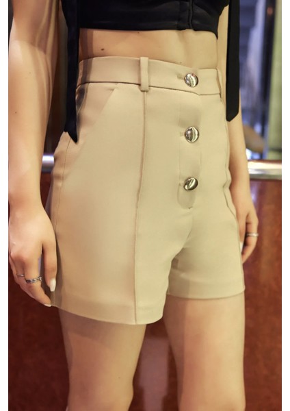 Kadın Yüksek Bel Düğmeli Şortlar Natural fırsatları