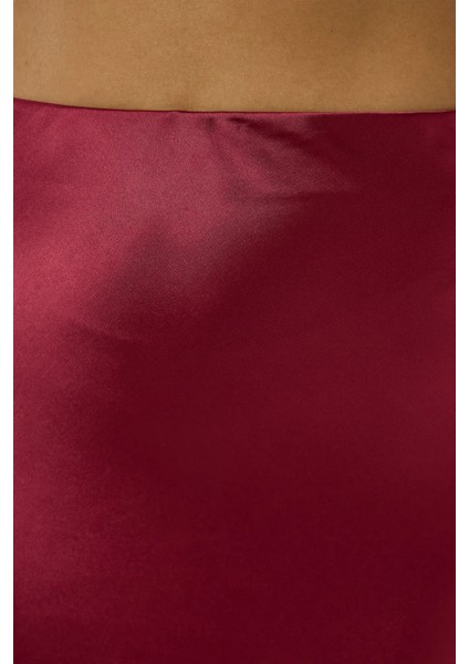Kadın Yüksek Bel Saten Midi Etek Bordo Kırmızı fırsatları