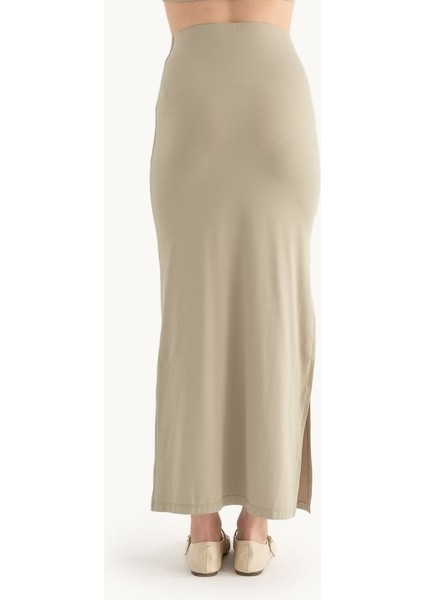 Kadın Yan Yırtmaçlı Yüksek Bel Maxi Etek Green