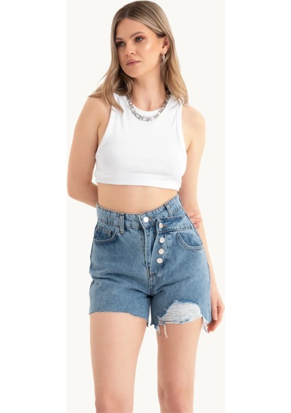 Kadın Düğme Detaylı Yüksek Bel Çift Katlı Jean Şort Denim