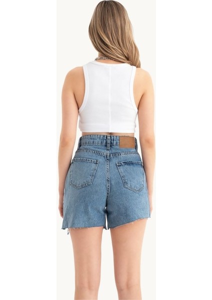 Kadın Düğme Detaylı Yüksek Bel Çift Katlı Jean Şort Denim modelleri