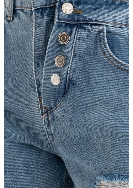 Kadın Düğme Detaylı Yüksek Bel Çift Katlı Jean Şort Denim indirimleri
