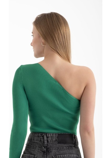 Kadın Tek Omuzlu Örme Nervürlü Bluz Green fiyatları