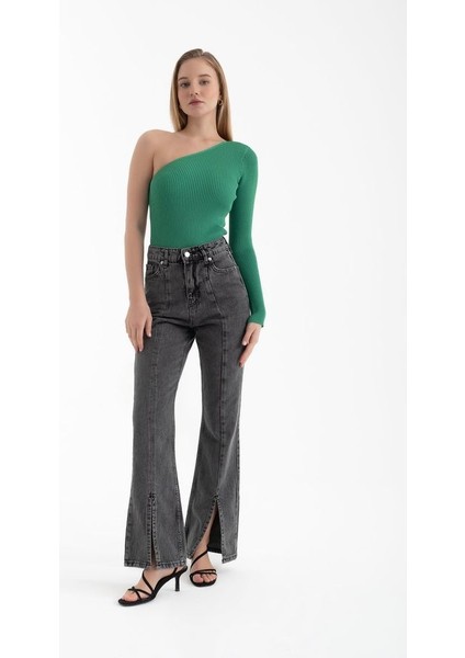 Kadın Tek Omuzlu Örme Nervürlü Bluz Green modelleri