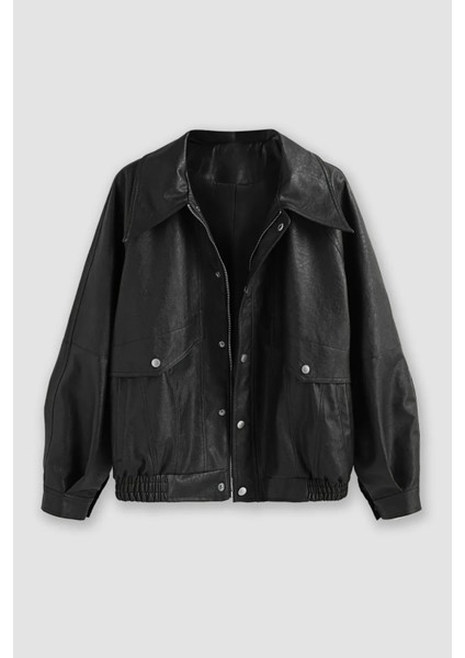 Kadın Oversize Çift Cepli Suni Deri Ceket Siyah modelleri