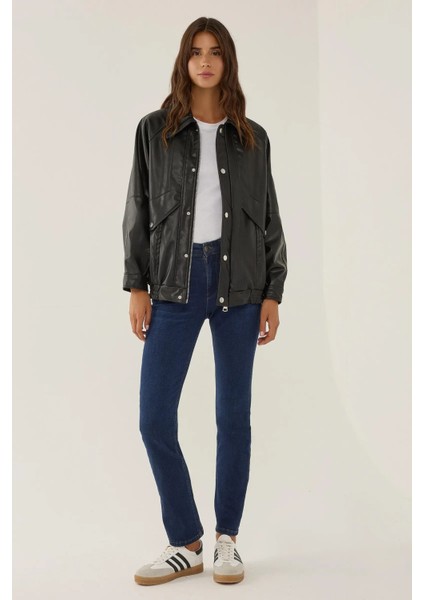 Kadın Oversize Çift Cepli Suni Deri Ceket Siyah indirimleri