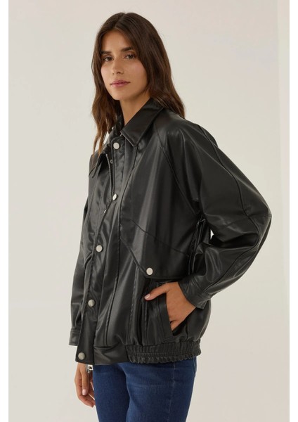 Kadın Oversize Çift Cepli Suni Deri Ceket Siyah