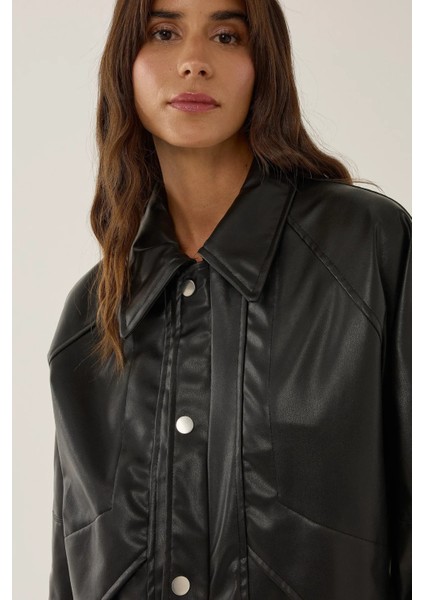Kadın Oversize Çift Cepli Suni Deri Ceket Siyah
