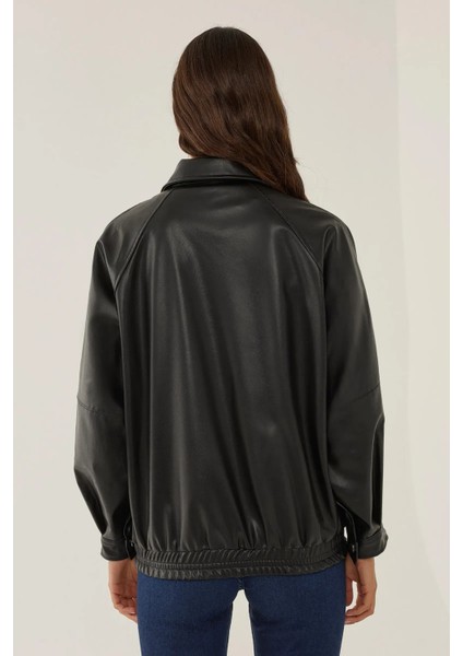 Kadın Oversize Çift Cepli Suni Deri Ceket Siyah