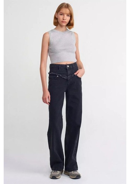 Kadın Örme Bisiklet Yaka Crop Top Açık Gri