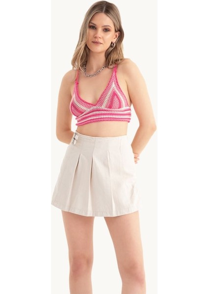 Kadın Şeritli V Yaka Örme Kroşe Crop Top Pink