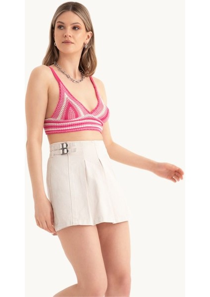 Kadın Şeritli V Yaka Örme Kroşe Crop Top Pink fiyatları