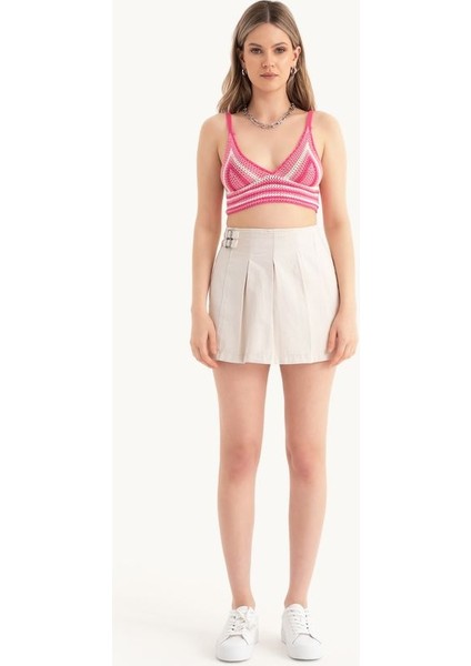 Kadın Şeritli V Yaka Örme Kroşe Crop Top Pink modelleri