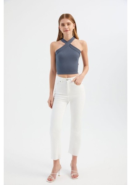 Kadın Askılı Boyun Çapraz Ön Crop Top Grey fiyatları