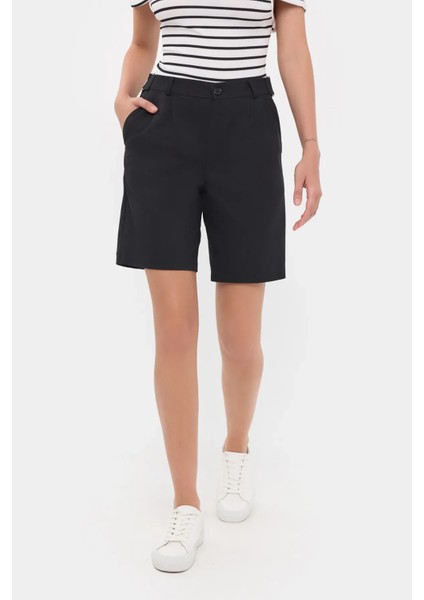 Kadın Yüksek Bel Dokuma Bermuda Şortlar Black