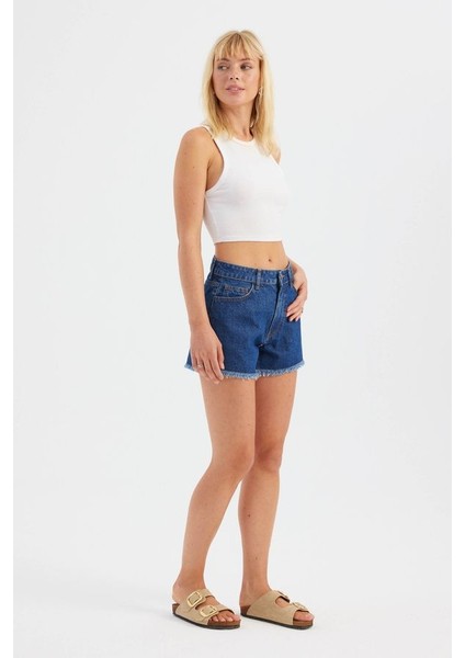 Kadın Koyu Renk Yüksek Bel Denim Şort Denim modelleri