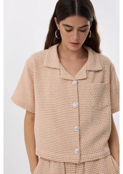 Kadın Düğmeli Kısa Kollu Keten Bluz Yellow fiyatları