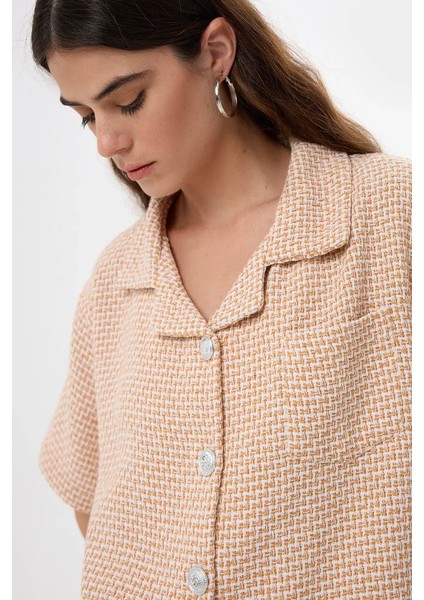 Kadın Düğmeli Kısa Kollu Keten Bluz Yellow modelleri