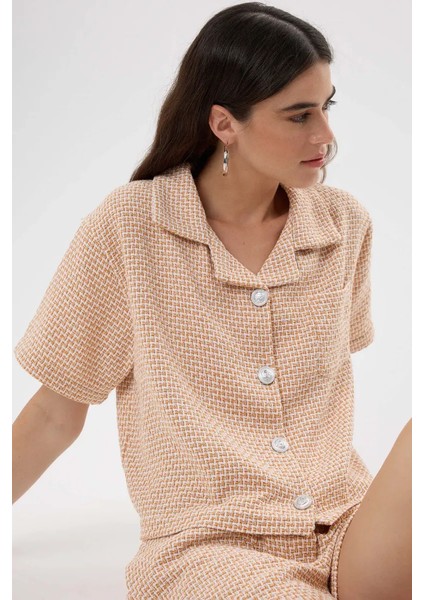 Kadın Düğmeli Kısa Kollu Keten Bluz Yellow indirimleri