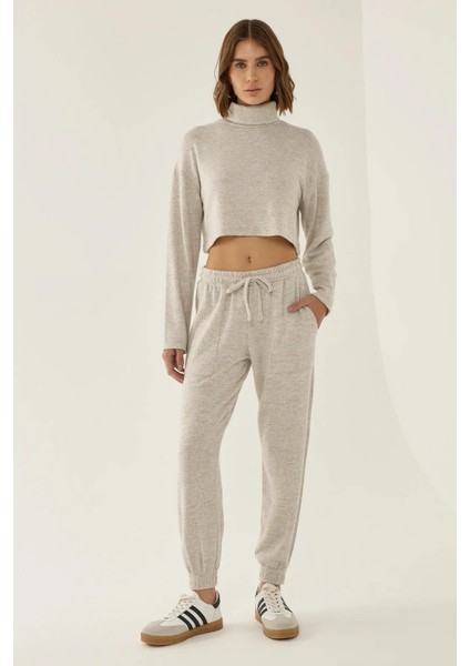 Kadın Esnek Bel Dikişli Eşofman Altı Natural