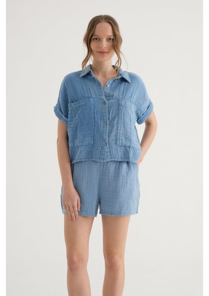 Kadın Cep Detaylı Kısa Kollu Kırpılmış Gömlek Blue