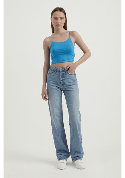 Kadın Askılı Crop Basic Kısa Bluz Blue