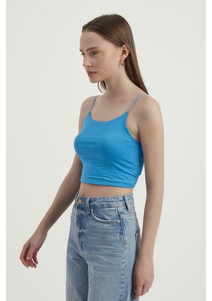 Kadın Askılı Crop Basic Kısa Bluz Blue modelleri