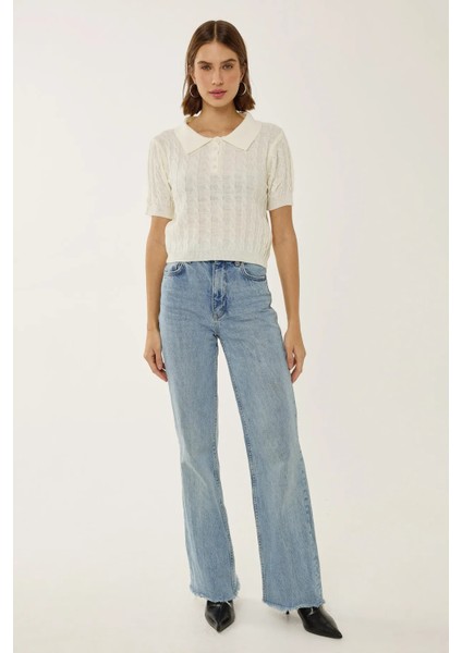 Kadın Saç Örgüsü Desenli Polo Yaka Triko Üst Natural fiyatları