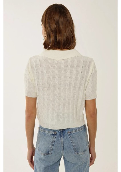 Kadın Saç Örgüsü Desenli Polo Yaka Triko Üst Natural indirimleri