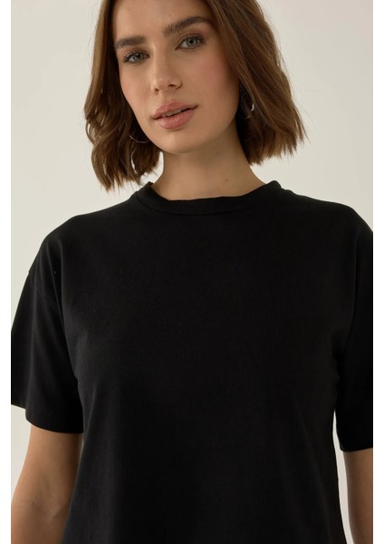 Kadın Basic Bisiklet Yaka Kısa T-Shirt Siyah