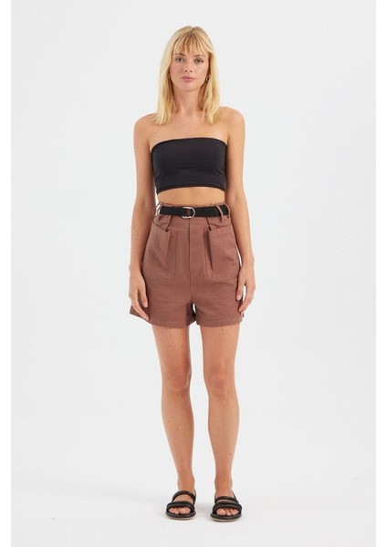 Kadın Pamuklu Yüksek Bel Cep Detaylı Şortlar Brown modelleri