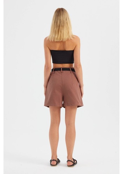 Kadın Pamuklu Yüksek Bel Cep Detaylı Şortlar Brown fırsatları