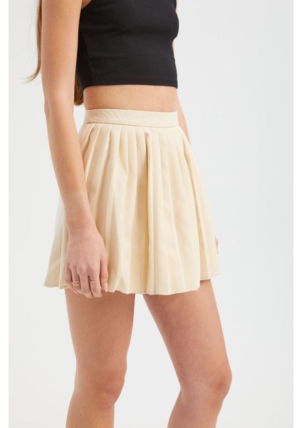 Kadın Yüksek Bel Büzgülü Mini Etek Natural fiyatları