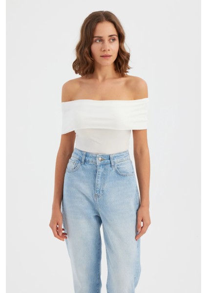 Kadın Omuz Dışı Toplama Askılı Vücut Çorap Üst White