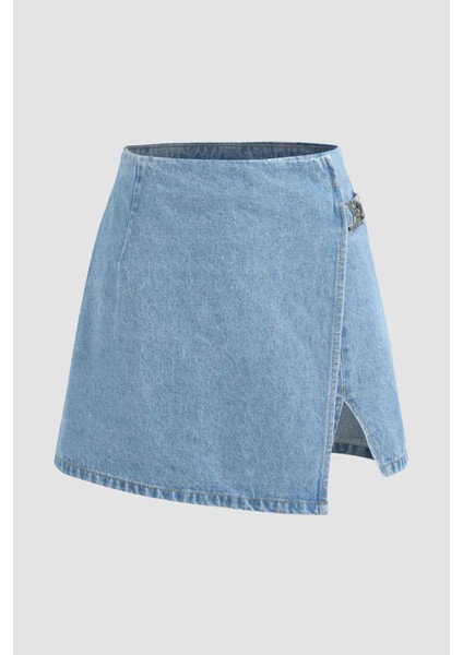 Kadın Yüksek Bel Denim Şort Etek Maya Mavisi