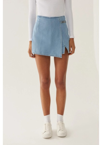 Kadın Yüksek Bel Denim Şort Etek Maya Mavisi modelleri