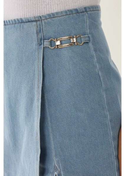 Kadın Yüksek Bel Denim Şort Etek Maya Mavisi