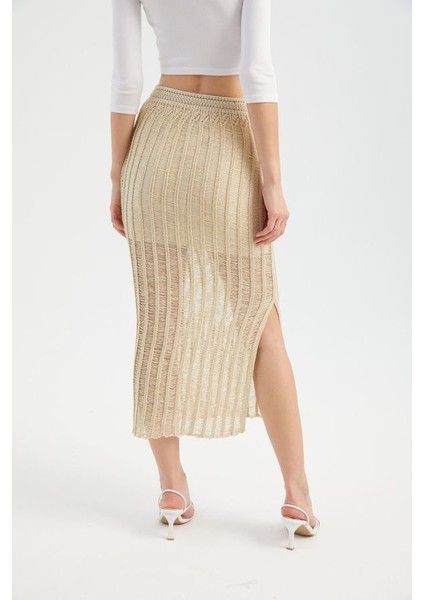Kadın Örme Açık İşlemeli Yüksek Bel Yırtmaçlı Midi Etek Natural fırsatları