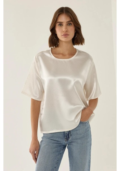 Kadın Saten Bisiklet Yaka Bluz Natural