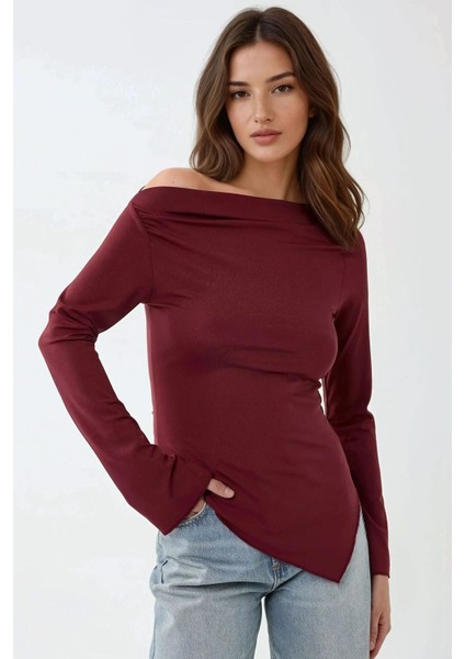 Kadın Kayık Yaka Drapeli Asimetrik Örme Bluz Red