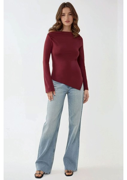 Kadın Kayık Yaka Drapeli Asimetrik Örme Bluz Red modelleri