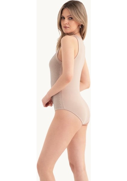 Kadın Yuvarlak Yaka Taş Süslemeli Kolsuz Vücut Bej Doğal modelleri