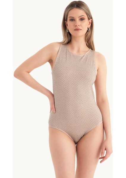 Kadın Yuvarlak Yaka Taş Süslemeli Kolsuz Vücut Bej Doğal indirimleri