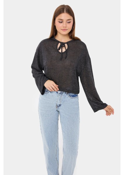Kadın Kravat Detaylı Örme Bol Kesim Yuvarlak Yaka Bluz Grey fiyatları