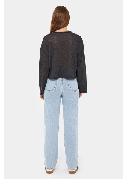 Kadın Kravat Detaylı Örme Bol Kesim Yuvarlak Yaka Bluz Grey fırsatları