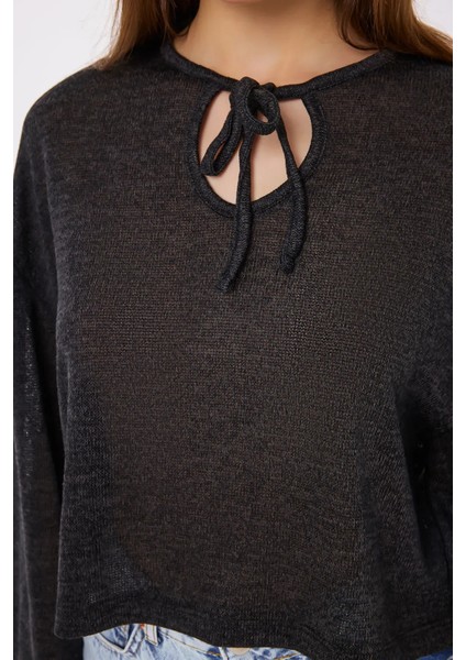 Kadın Kravat Detaylı Örme Bol Kesim Yuvarlak Yaka Bluz Grey indirimleri